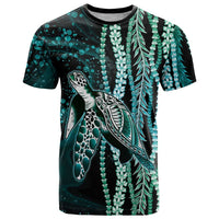 Hawaiian Honu Personalized T Shirt Dark Cyan Maile Pikake Flower Lei Inspired LT9 Cyan - Polynesian Pride