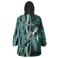 Hawaiian Honu Personalized Wearable Blanket Hoodie Dark Cyan Maile Pikake Flower Lei Inspired LT9 - Polynesian Pride