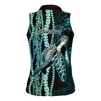 Hawaiian Honu Personalized Women Sleeveless Polo Shirt Dark Cyan Maile Pikake Flower Lei Inspired