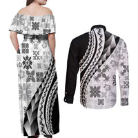 Black Hawaiian Quilt Pattern Couples Matching Off Shoulder Maxi Dress and Long Sleeve Button Shirt Mixed Polynesian Tribal Arty LT9 - Polynesian Pride