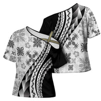 Black Hawaiian Quilt Pattern Cross Shoulder Shirt Mixed Polynesian Tribal Arty - Polynesian Pride