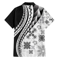 Black Hawaiian Quilt Pattern Family Matching Puletasi and Hawaiian Shirt Mixed Polynesian Tribal Arty