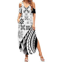 Black Hawaiian Quilt Pattern Family Matching Summer Maxi Dress and Hawaiian Shirt Mixed Polynesian Tribal Arty