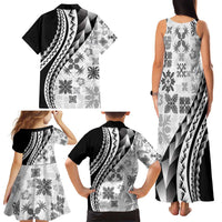 Black Hawaiian Quilt Pattern Family Matching Tank Maxi Dress and Hawaiian Shirt Mixed Polynesian Tribal Arty