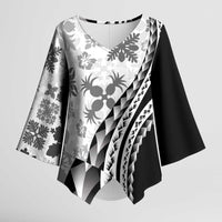 Black Hawaiian Quilt Pattern Kimono Sleeve Blouse Mixed Polynesian Tribal Arty - Polynesian Pride