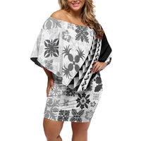 Black Hawaiian Quilt Pattern Off Shoulder Short Dress Mixed Polynesian Tribal Arty