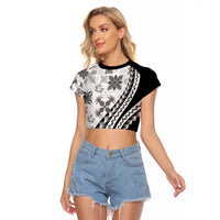 Black Hawaiian Quilt Pattern Raglan Cropped T Shirt Mixed Polynesian Tribal Arty LT9 Female Black - Polynesian Pride