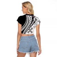 Black Hawaiian Quilt Pattern Raglan Cropped T Shirt Mixed Polynesian Tribal Arty LT9 - Polynesian Pride