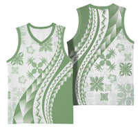 Green Hawaiian Quilt Pattern Basketball Jersey Mixed Polynesian Tribal Arty - Polynesian Pride