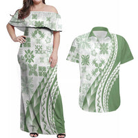Green Hawaiian Quilt Pattern Couples Matching Off Shoulder Maxi Dress and Hawaiian Shirt Mixed Polynesian Tribal Arty LT9 Green - Polynesian Pride