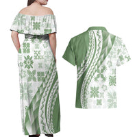 Green Hawaiian Quilt Pattern Couples Matching Off Shoulder Maxi Dress and Hawaiian Shirt Mixed Polynesian Tribal Arty LT9 - Polynesian Pride
