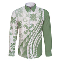 Green Hawaiian Quilt Pattern Family Matching Off The Shoulder Long Sleeve Dress and Hawaiian Shirt Mixed Polynesian Tribal Arty
