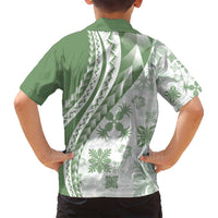 Green Hawaiian Quilt Pattern Family Matching Off Shoulder Short Dress and Hawaiian Shirt Mixed Polynesian Tribal Arty