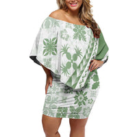Green Hawaiian Quilt Pattern Off Shoulder Short Dress Mixed Polynesian Tribal Arty
