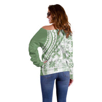 Green Hawaiian Quilt Pattern Off Shoulder Sweater Mixed Polynesian Tribal Arty