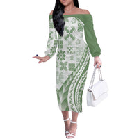 Green Hawaiian Quilt Pattern Off The Shoulder Long Sleeve Dress Mixed Polynesian Tribal Arty