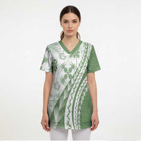Green Hawaiian Quilt Pattern Scrub Top Mixed Polynesian Tribal Arty - Polynesian Pride