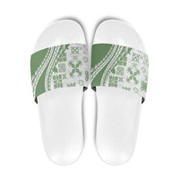 Green Hawaiian Quilt Pattern Slide Sandals Mixed Polynesian Tribal Arty - Polynesian Pride