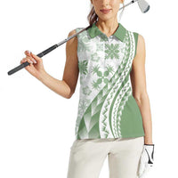 Green Hawaiian Quilt Pattern Women Sleeveless Polo Shirt Mixed Polynesian Tribal Arty