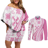 Pink Hawaiian Quilt Pattern Couples Matching Off Shoulder Short Dress and Long Sleeve Button Shirt Mixed Polynesian Tribal Arty LT9 Pink - Polynesian Pride