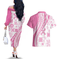 Pink Hawaiian Quilt Pattern Couples Matching Off The Shoulder Long Sleeve Dress and Hawaiian Shirt Mixed Polynesian Tribal Arty