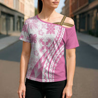 Pink Hawaiian Quilt Pattern Cross Shoulder Shirt Mixed Polynesian Tribal Arty - Polynesian Pride