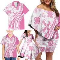 Pink Hawaiian Quilt Pattern Family Matching Off Shoulder Short Dress and Hawaiian Shirt Mixed Polynesian Tribal Arty