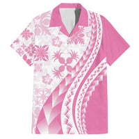 Pink Hawaiian Quilt Pattern Family Matching Off Shoulder Short Dress and Hawaiian Shirt Mixed Polynesian Tribal Arty