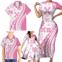 Pink Hawaiian Quilt Pattern Family Matching Short Sleeve Bodycon Dress and Hawaiian Shirt Mixed Polynesian Tribal Arty