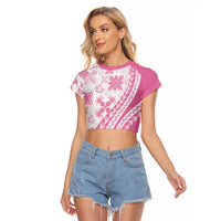 Pink Hawaiian Quilt Pattern Raglan Cropped T Shirt Mixed Polynesian Tribal Arty LT9 Female Pink - Polynesian Pride