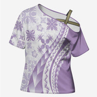 Purple Hawaiian Quilt Pattern Cross Shoulder Shirt Mixed Polynesian Tribal Arty - Polynesian Pride