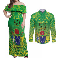 Cook Islands Constitution Day Couples Matching Off Shoulder Maxi Dress and Long Sleeve Button Shirt Kuki Airani Since 1965