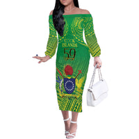 Cook Islands Constitution Day Family Matching Off The Shoulder Long Sleeve Dress and Hawaiian Shirt Kuki Airani Since 1965