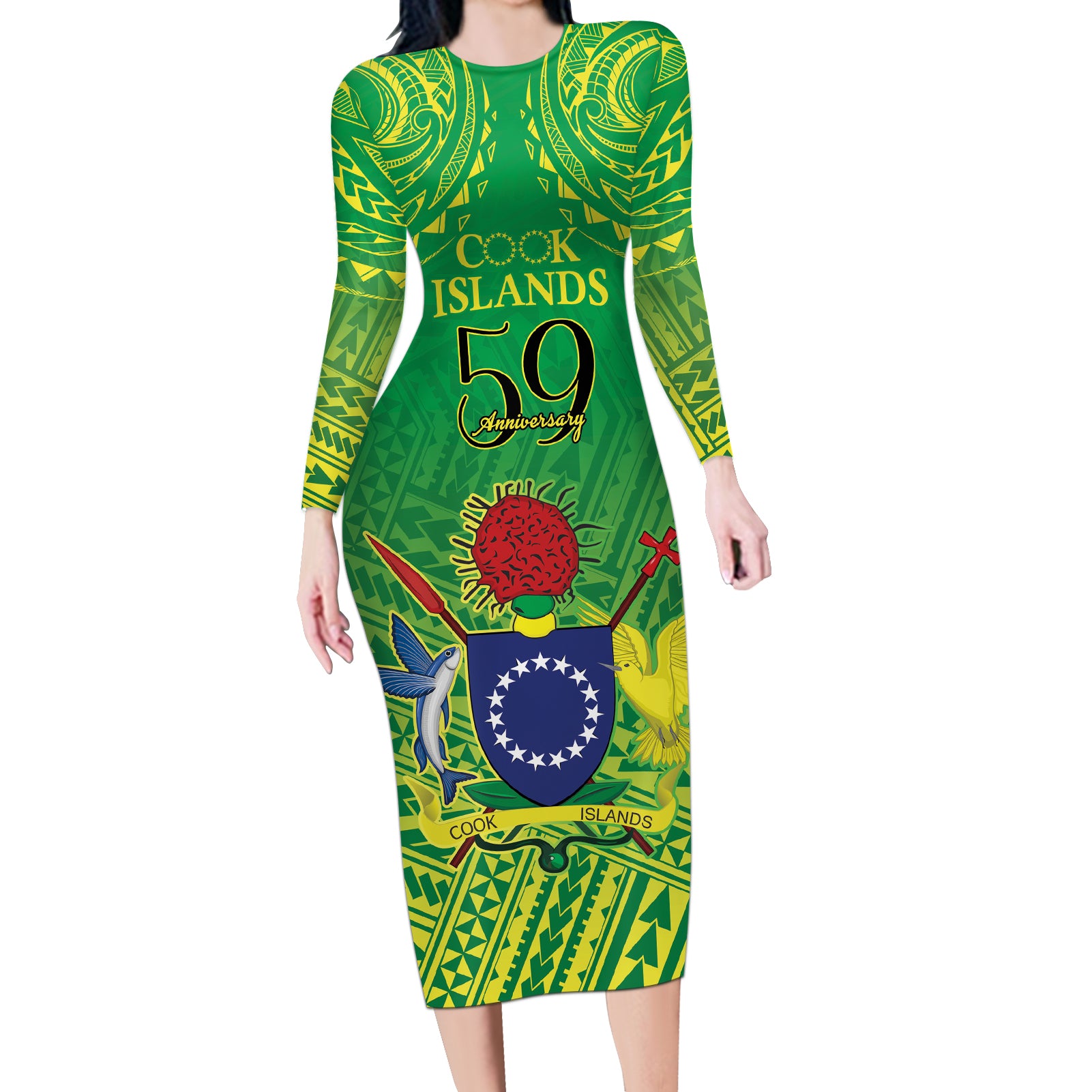 Cook Islands Constitution Day Long Sleeve Bodycon Dress Kuki Airani Since 1965