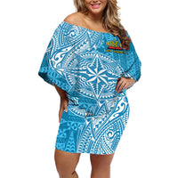 Personalised Tonga Lavengamalie College Off Shoulder Short Dress Since 1980 Special Kupesi Pattern LT9 Women Blue - Polynesian Pride