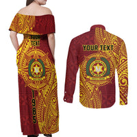 Personalised Tonga Vava'u High School Couples Matching Off Shoulder Maxi Dress and Long Sleeve Button Shirt Since 1985 Special Kupesi Pattern