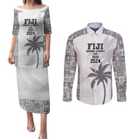 Custom Fiji Rugby Couples Matching Puletasi and Long Sleeve Button Shirt History Champions World Cup 7s - White