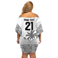 Custom Fiji Rugby Family Matching Off Shoulder Short Dress and Hawaiian Shirt History Champions World Cup 7s - White