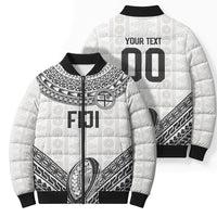 Custom Rugby Fiji National Heritage Bomber Puffer Jacket White Traditional Masi Inspired