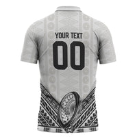 Custom Rugby Fiji National Heritage Zipper Polo Shirt White Traditional Masi Inspired