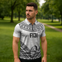 Custom Rugby Fiji National Heritage Zipper Polo Shirt White Traditional Masi Inspired LT9 - Polynesian Pride