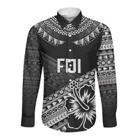 Custom Rugby Fiji Long Sleeve Button Shirt Black Traditional Masi Inspired LT9 Unisex Black - Polynesian Pride