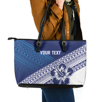 Custom Rugby Fiji Leather Tote Bag Blue Traditional Masi Inspired