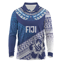 Custom Rugby Fiji Long Sleeve Polo Shirt Blue Traditional Masi Inspired