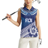 Custom Rugby Fiji Women Sleeveless Polo Shirt Blue Traditional Masi Inspired