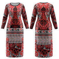 Aotearoa Iwi Ngapuhi Couples Matching Long Sleeve Bodycon Dress and Hawaiian Shirt Maori Wharenui House Tribal Pattern