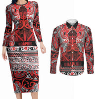 Aotearoa Iwi Ngapuhi Couples Matching Long Sleeve Bodycon Dress and Long Sleeve Button Shirt Maori Wharenui House Tribal Pattern