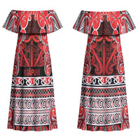 Aotearoa Iwi Ngapuhi Couples Matching Off Shoulder Maxi Dress and Long Sleeve Button Shirt Maori Wharenui House Tribal Pattern