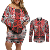 Aotearoa Iwi Ngapuhi Couples Matching Off Shoulder Short Dress and Long Sleeve Button Shirt Maori Wharenui House Tribal Pattern