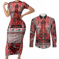 Aotearoa Iwi Ngapuhi Couples Matching Short Sleeve Bodycon Dress and Long Sleeve Button Shirt Maori Wharenui House Tribal Pattern